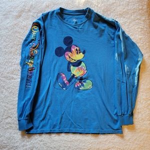 Men's M Blue Rainbow Tie Dye Mickey Mouse Walt Disney World Long Sleeve Tee